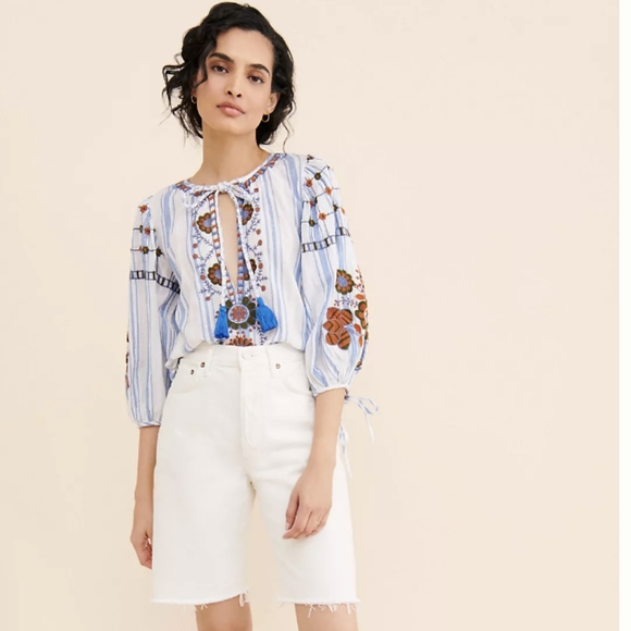 Anthropologie Tops - Anthropologie Antik Batik Camilla‎ Embroidered Peasant Blouse - Size XS